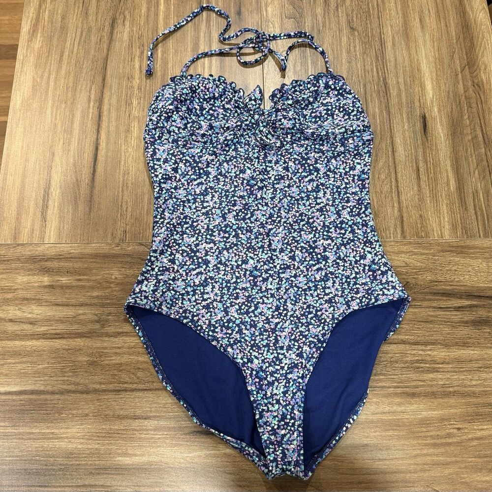 Old Navy Blue Purple Floral Halter Ruffle One Piece Swimwear Swimsuit Size M